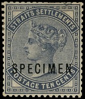 1882 10c slate overprinted SPECIMEN Type D12, part o.g. (even toning).  Clipped perfs at top, but a reasonable example of...