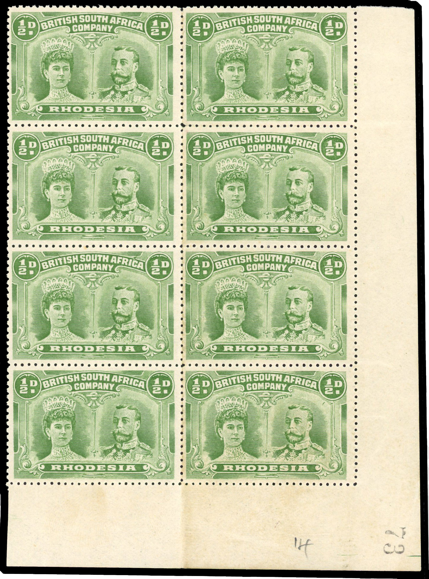 Rhodesia 1910-13 ½d pale green perf 14 sheet number block of 8 with comet flaw