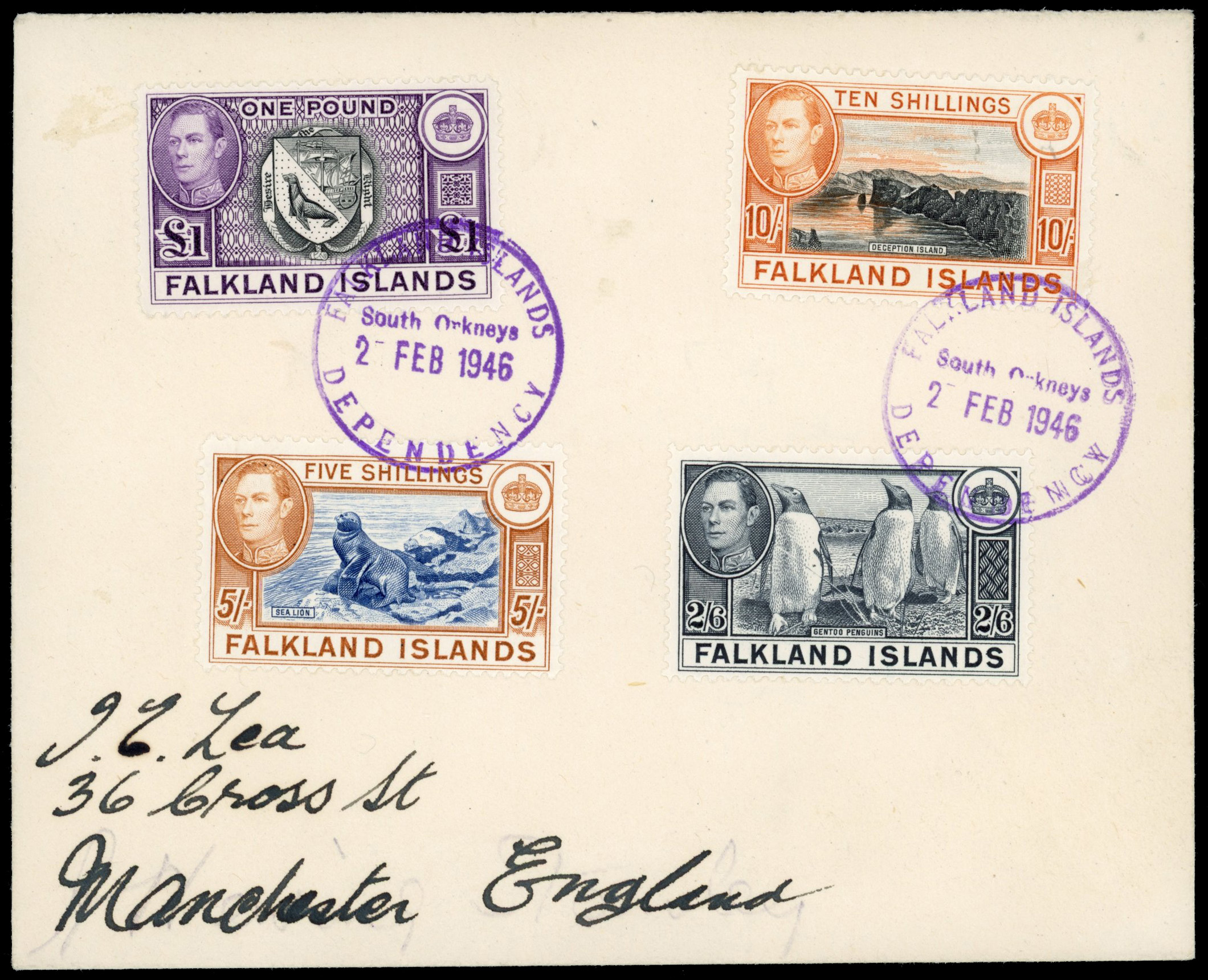 Falkland Islands Dependencies SG Z95-8 1946 Lea cover with the high values