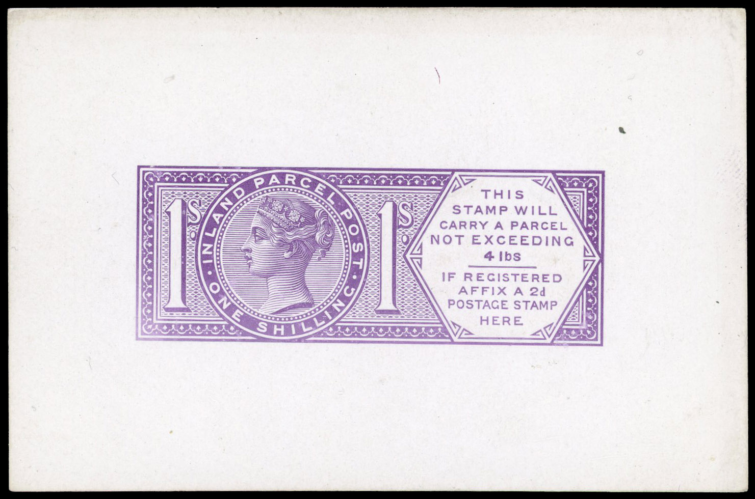 GREAT BRITAIN REVENUE: c1875 1s violet die proof on thick glazed white card for inland parcel post, fine and scarce