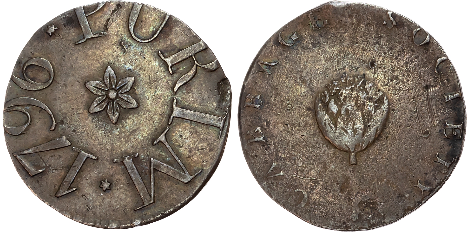 London, Paternoster Row (?), Cabbage Society Halfpenny 1796, cauliflower, rev . the word ‘PURIM’around a central 6-petal …