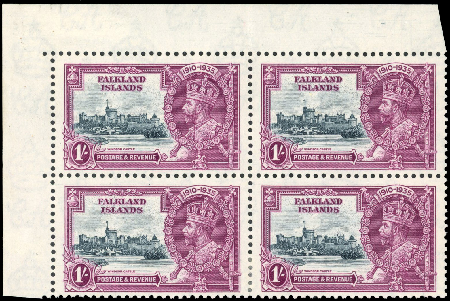Falkland Islands SG 142b 1935 1s Jubilee block short extra flagstaff mint
