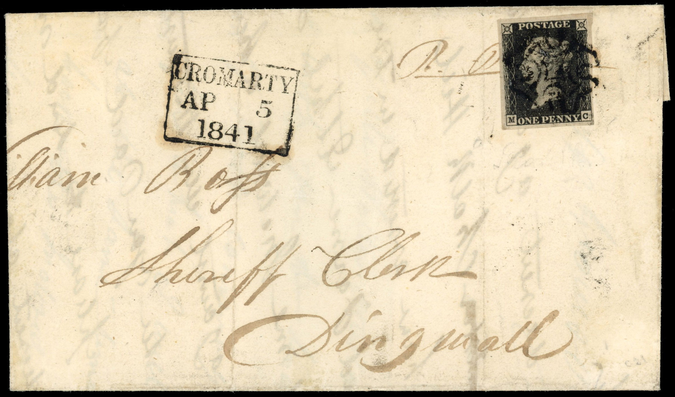 GB: POSTAL HISTORY: 1840 1d black, plate 1B (MC), good to large margins, on cover to Dingwall
