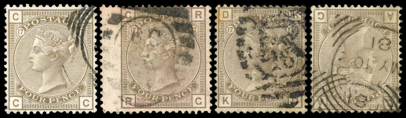 1880 4d Grey-brown Pl.17 (SG154, Wmk. Large garter). A group of four used examples 