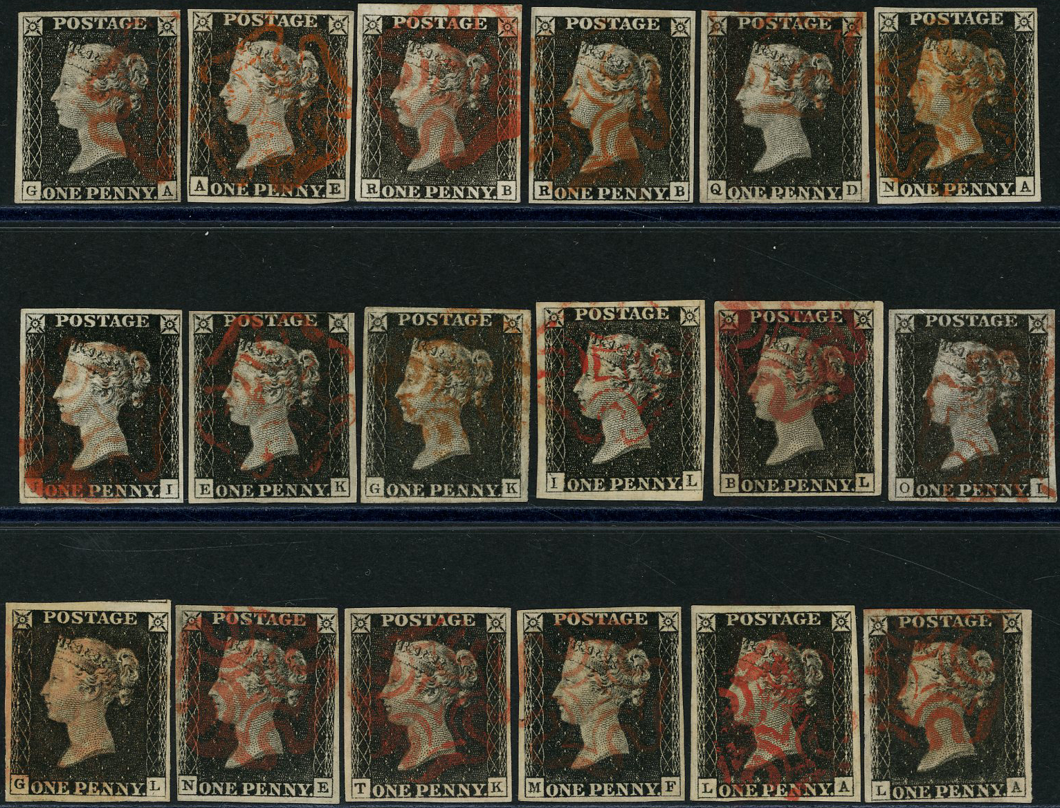 1840 1d black unplated range of eighteen, mainly four margin...