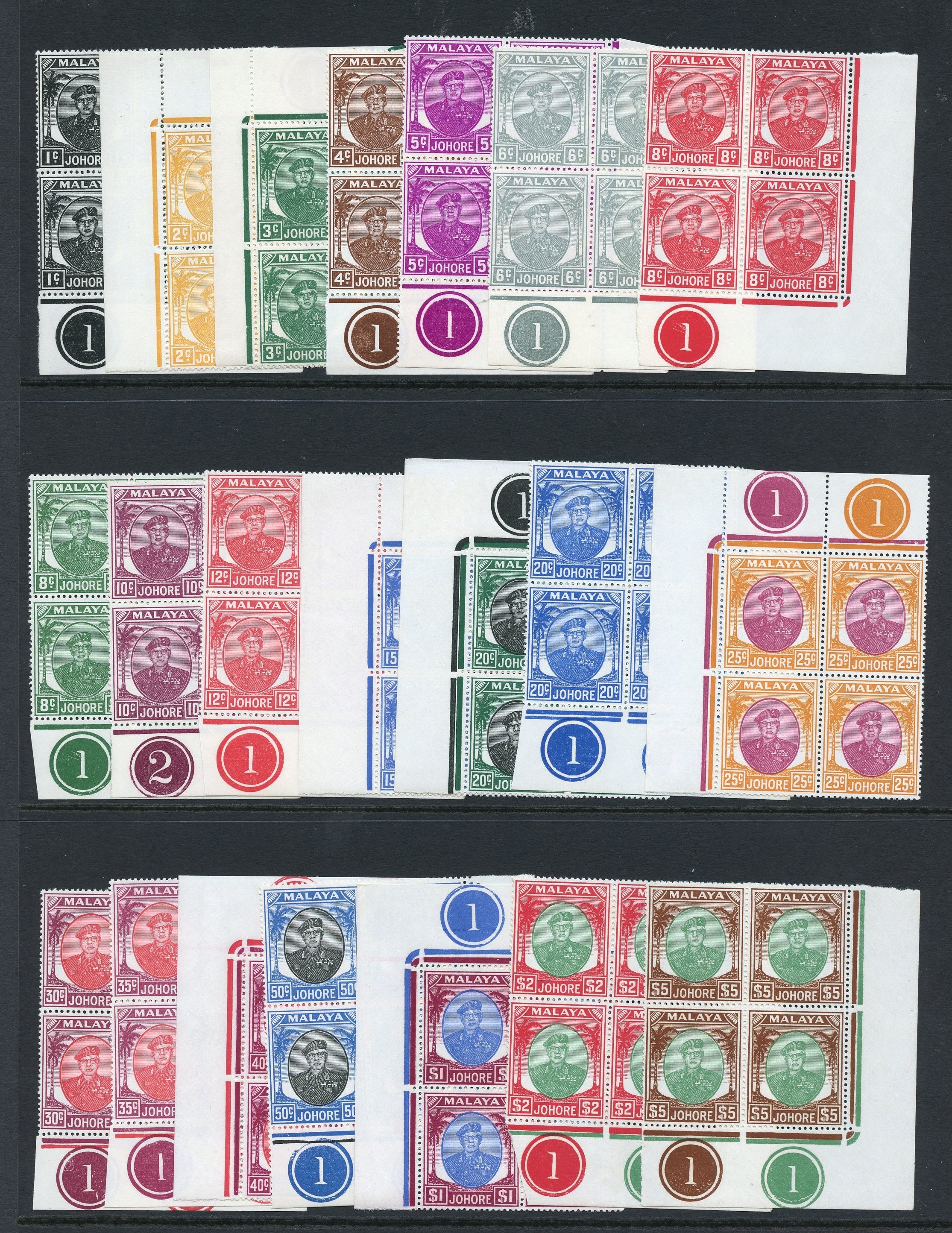 Johore SG 133-147 Plate blocks...