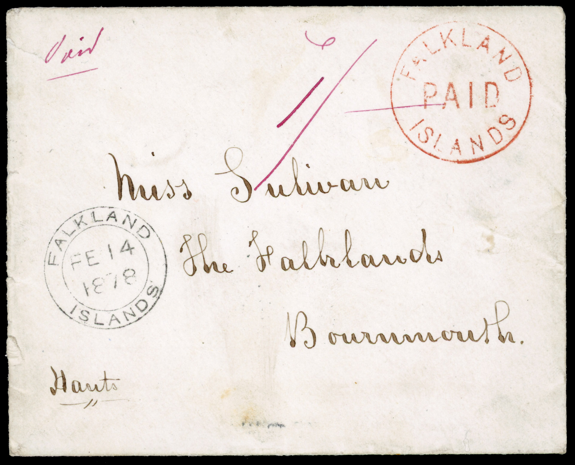 FALKLAND IS: 1869-76 circular ‘PAID’ red frank, a full impression on neat cover SG 2