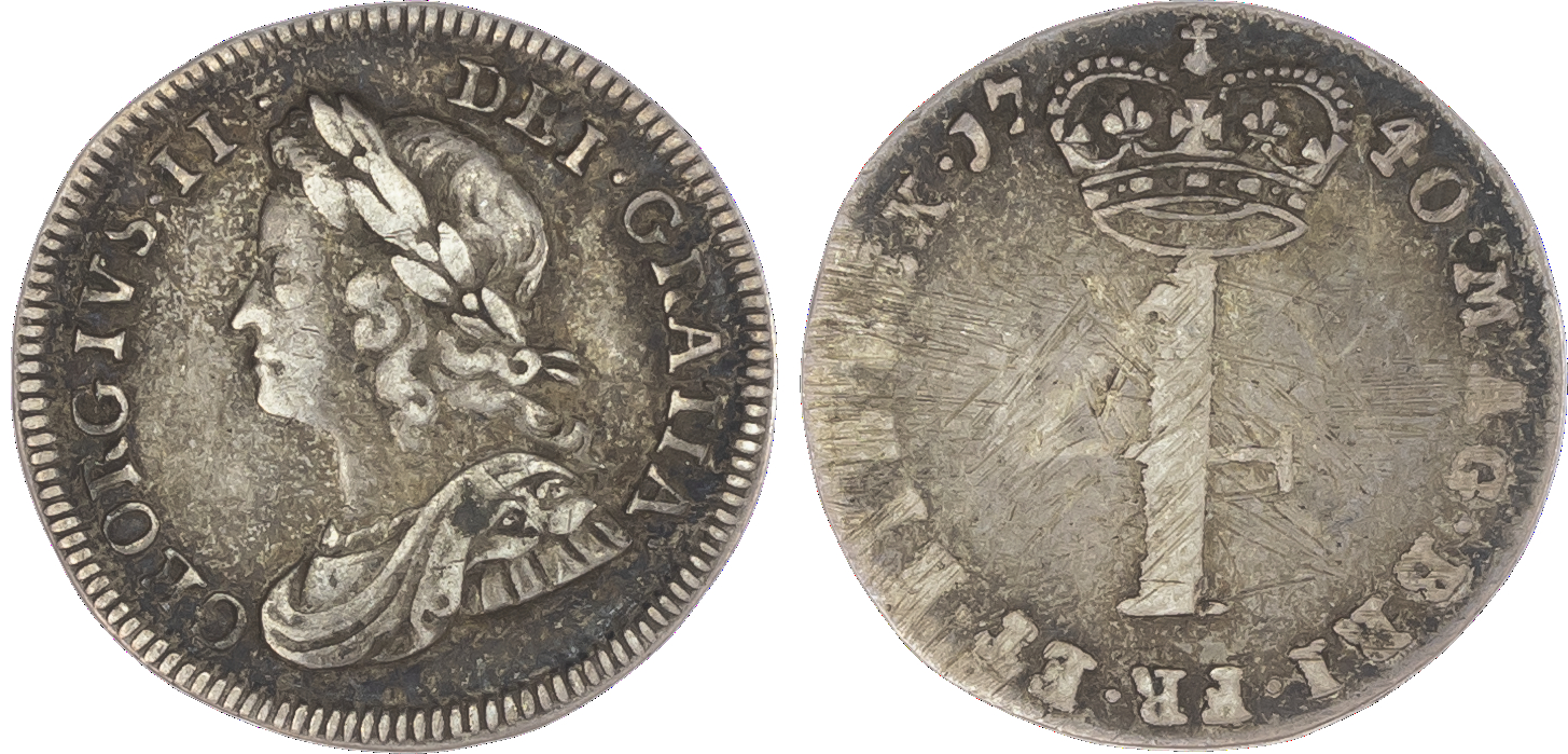 George II (1727‑60), Fourpence, 1740; Threepence, 1743 smaller lettering; Twopences, 1732, 1743/0; Pennies, 1740, 1743