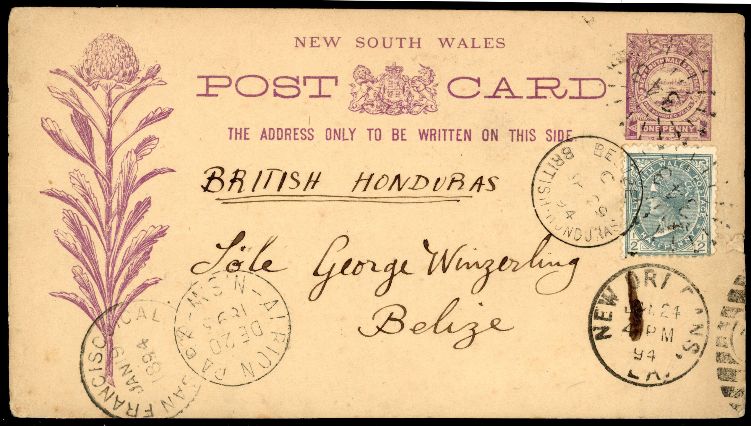 Australia NSW 1894 postcard to British Honduras