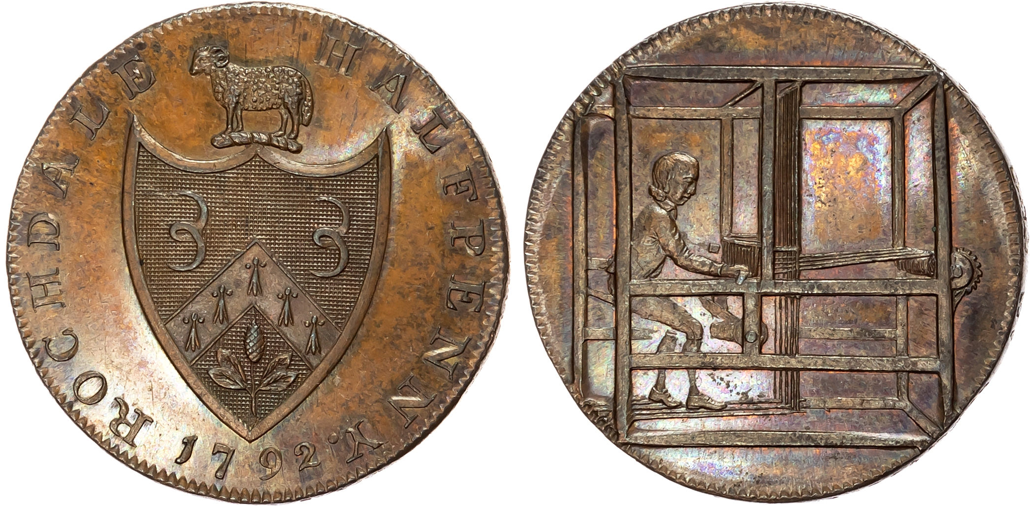 Lancs. Rochdale, John Kershaw Halfpenny 1792, Weaver in a box-loom, rev. arms of Rochdale, edge PAYABLE AT THE WAREHOUS …
