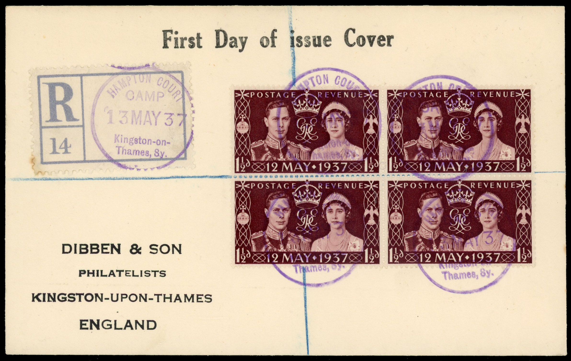 1937 1½d Coronation first day cover. Hampton Court Camp Kingston on Thames cds' in violet