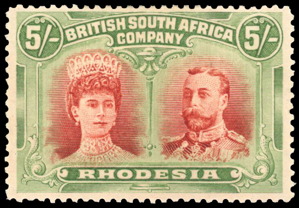 Rhodesia 1910-13 5s vermilion and deep green perf 14