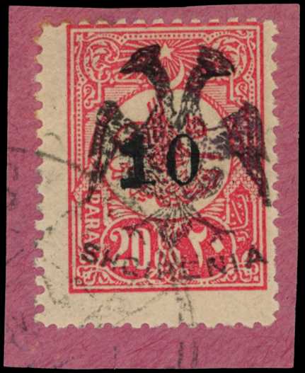 1913 10 (pa) on 20pa rose-carmine double...