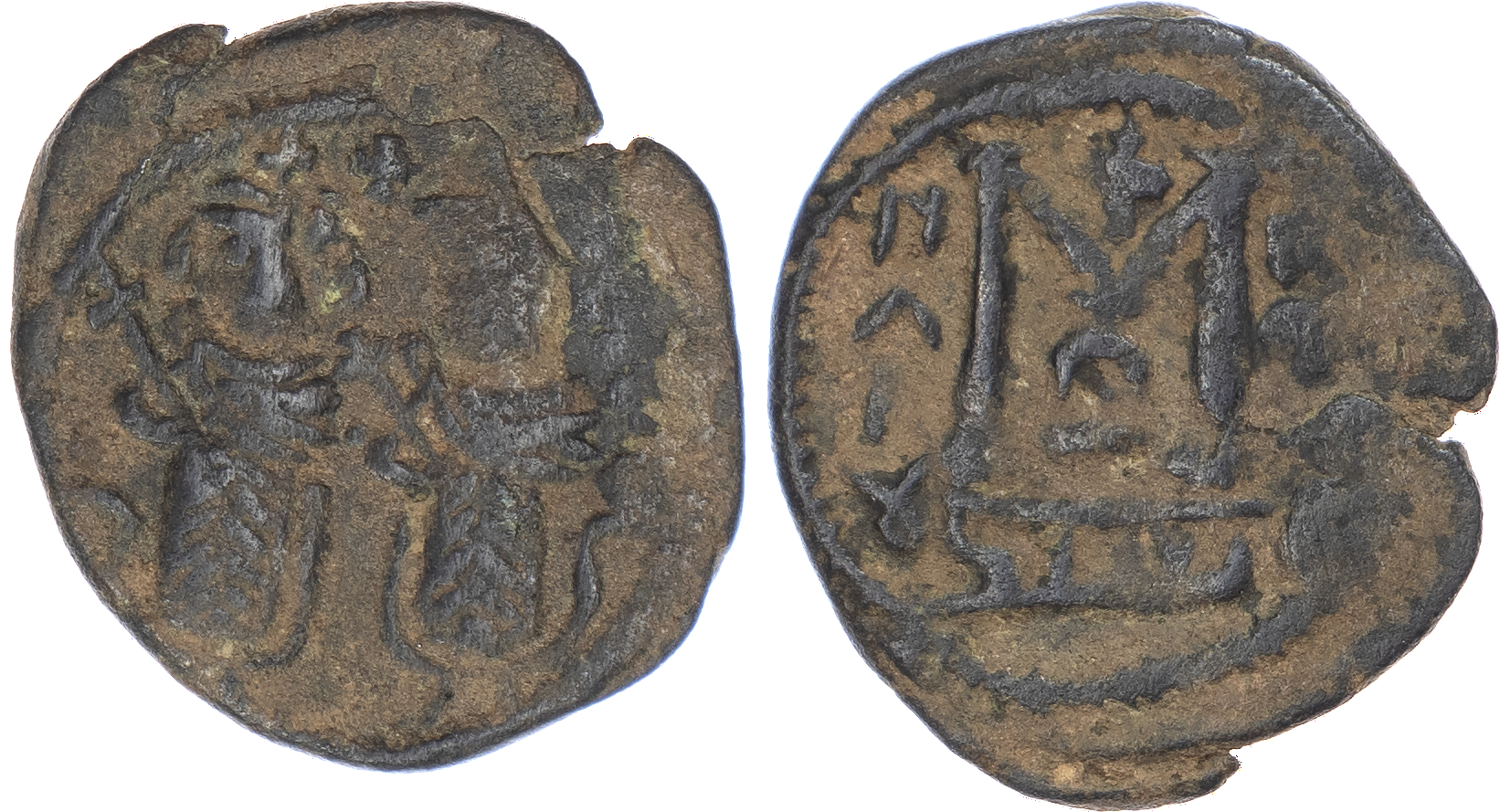 Arab-Byzantine, temp. Abd al‑Malik ibn Marwan (AH 65‑86 / 685‑705 AD), bronze Fals, Baalbek (Heliopolis)