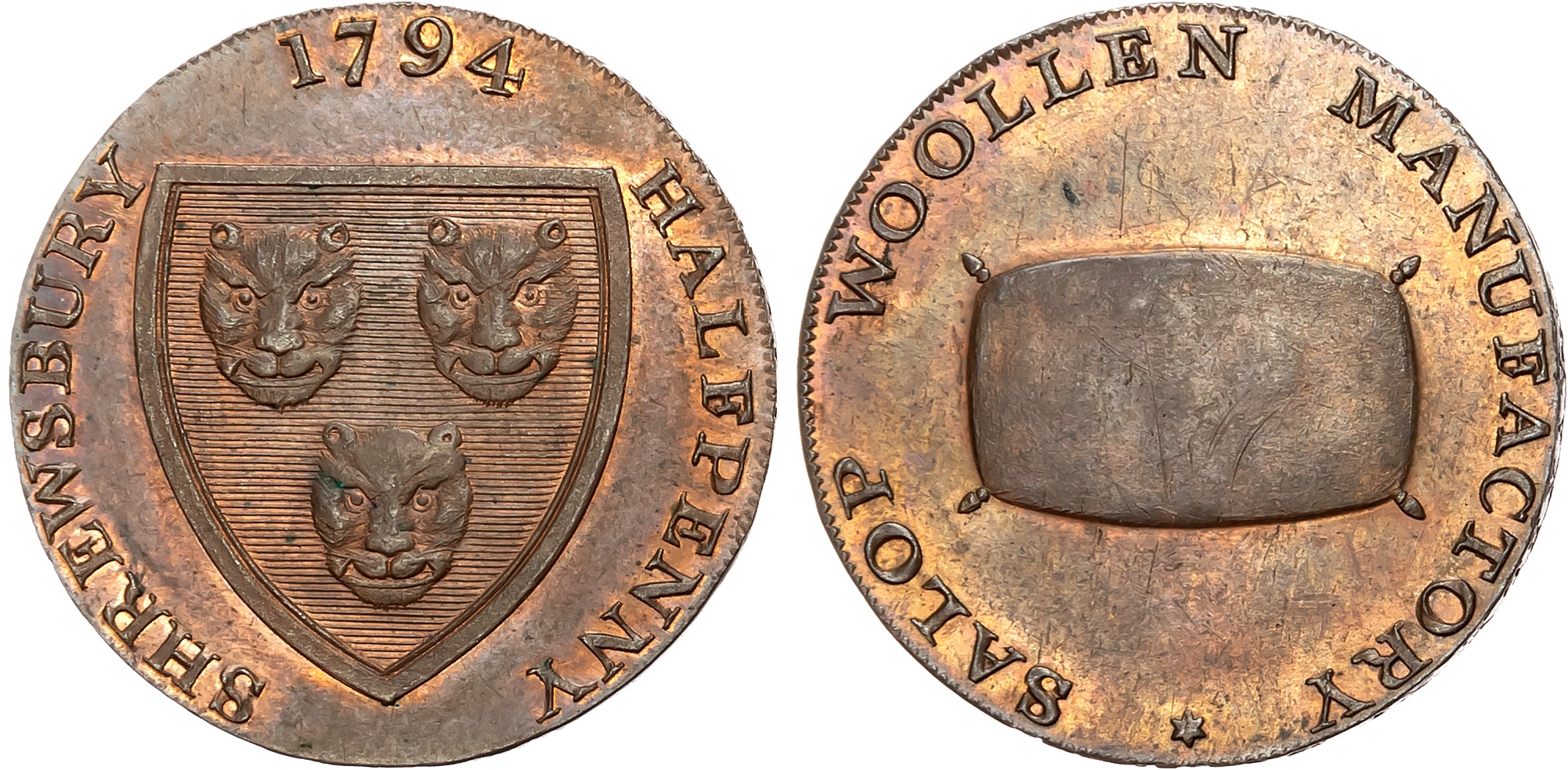 Salop. Shrewsbury , Isaac Wood Halfpenny 1793, Arms of Shrewsbury, rev. Wool-pack, edge PAYABLE AT LONDON LIVERPOOL OR B …