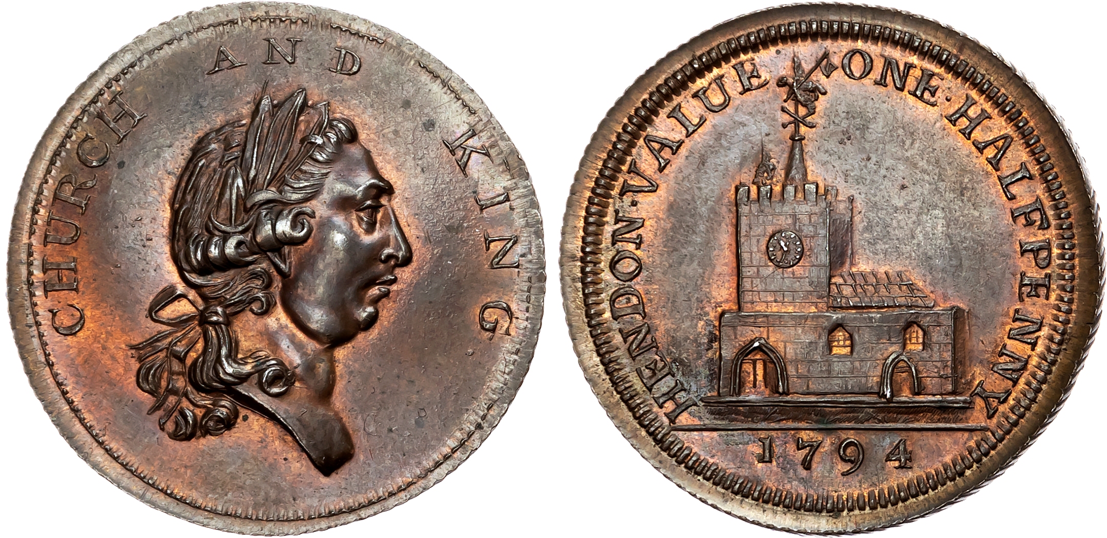 London, Hendon , Benjamin Price Halfpenny 1794, Bust of George III right, rev. Parish church, edge diagonally milled, 28 …