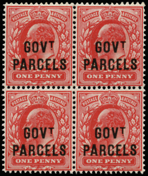 Great Britain 1902 1d Scarlet (Govt. Parcels). Very fine and fresh unmounted o.g. block of four. Ex Michael Astley…