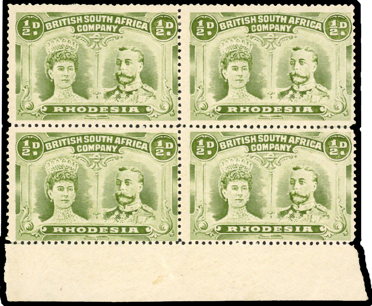 Rhodesia 1910-13 ½d olive-green perf 14 block of 4