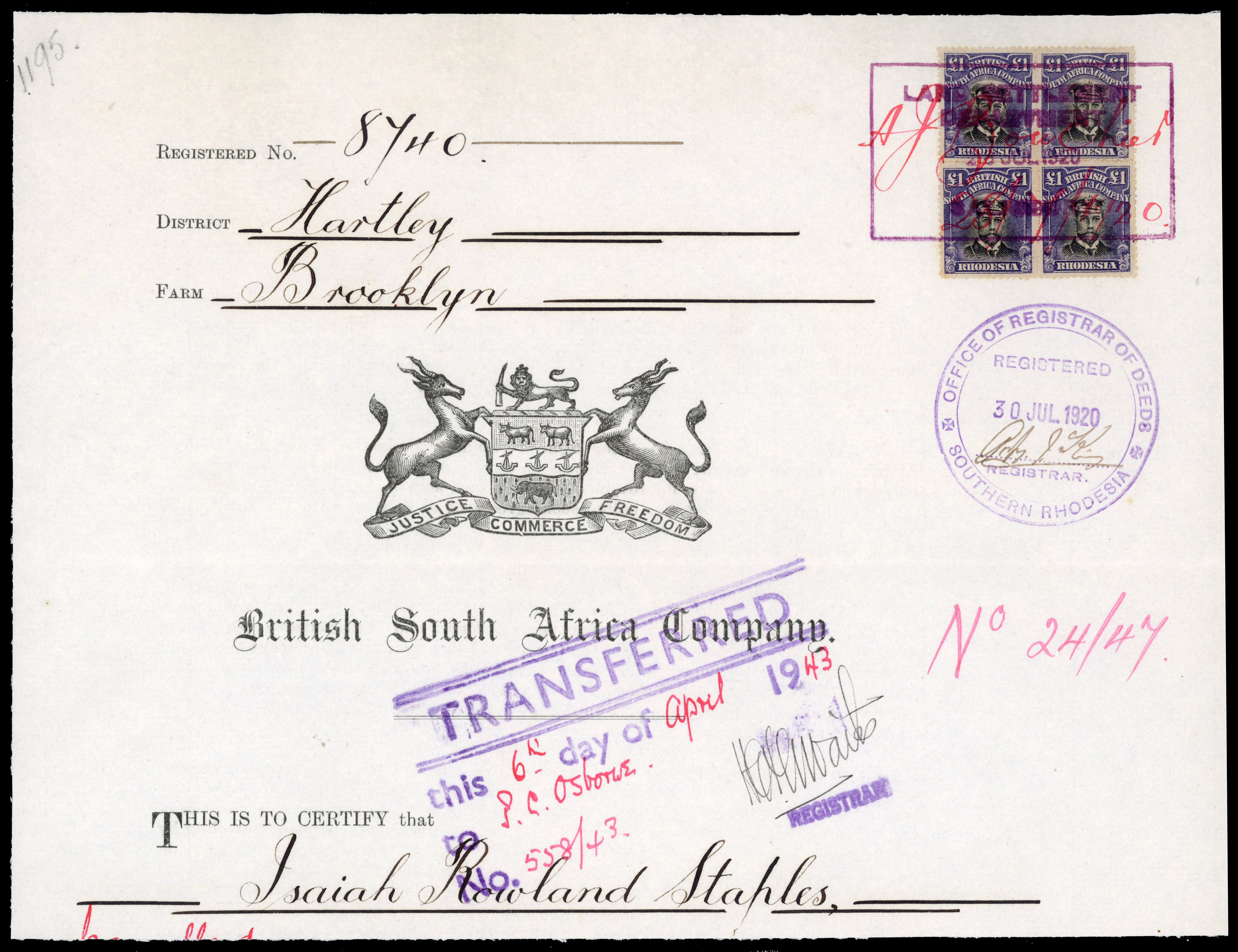 Rhodesia 1917-20 £1 SG 255u block on document 