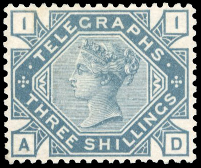 1881 3/- slate blue Pl.1 (AD), wmk crown sideways inerted, large part o.g. with numerous dealers m/s marks on reverse.  A...