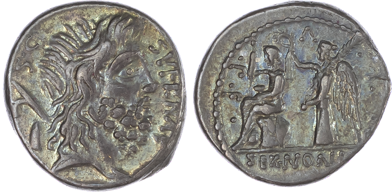 M. Nonius Sufenas (57 BC) AR Denarius, mint of Rome, 3.75g. SVFENAS – S•C, head of Saturn facing right, harpa and conical