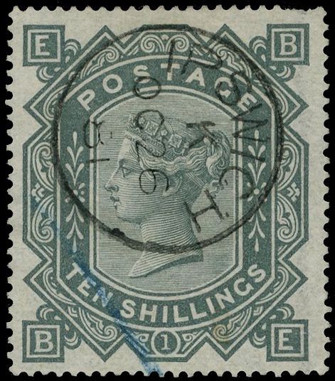 1867-83 Maltese Cross 10/- greenish grey used with neat strike of ‘Ipswich OC 26 81’ cds. 