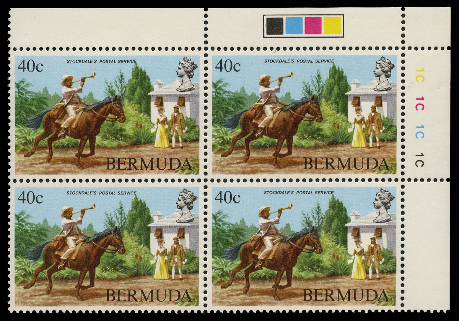 Bermuda 1984 40c Postal Service, cylinder block of 4 with variety wmk Crown to right of CA, SG 471w