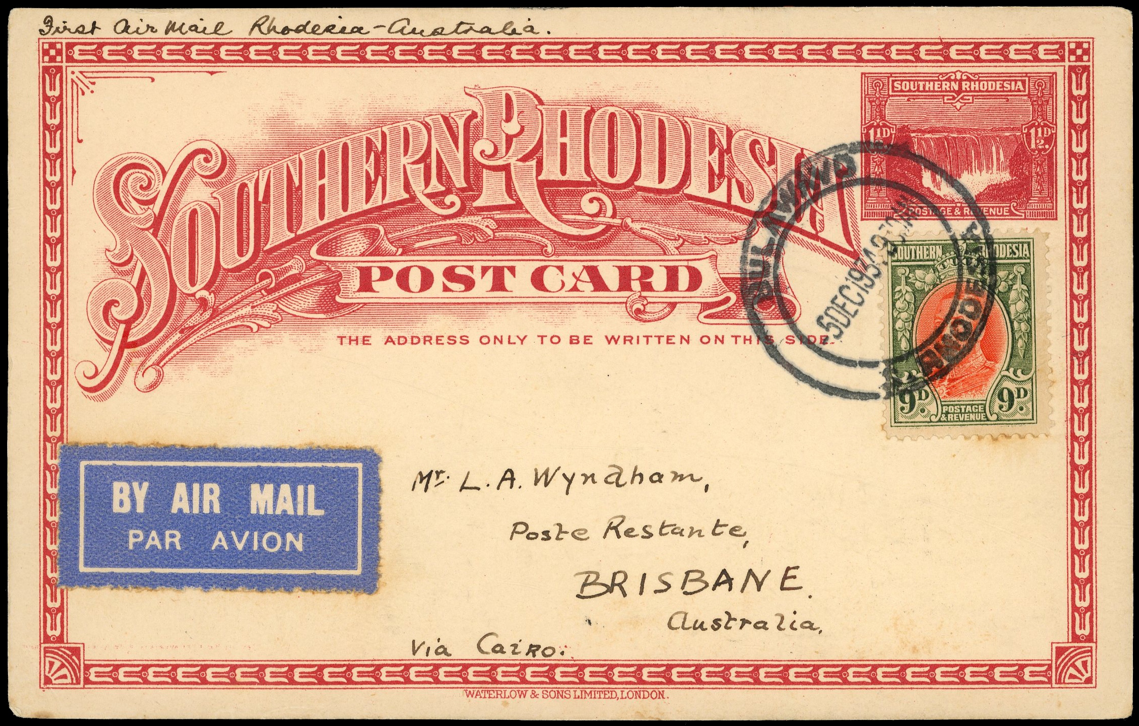 1934 1½d post card carried on first airmail flight to Australia