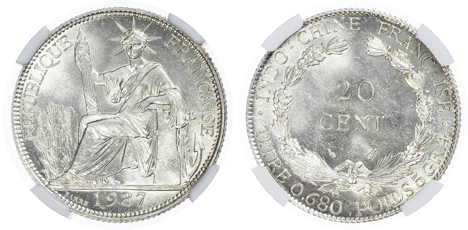 French Indo China. Third Republic AR 20 Cents. 1937. 