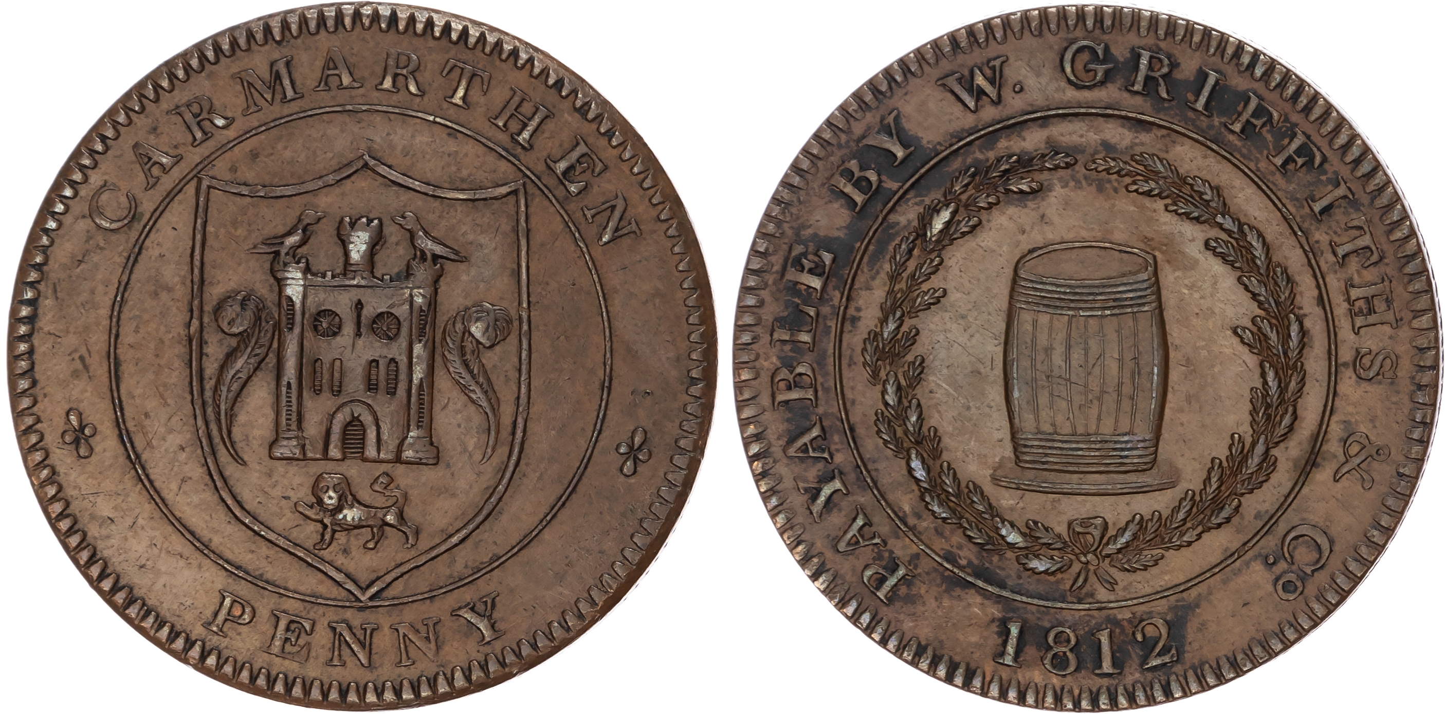 CARMARTHEN, Carms. W Griffiths & Co. Penny 1812, Another but barred gateway on obv., edge centrally grained, 3…