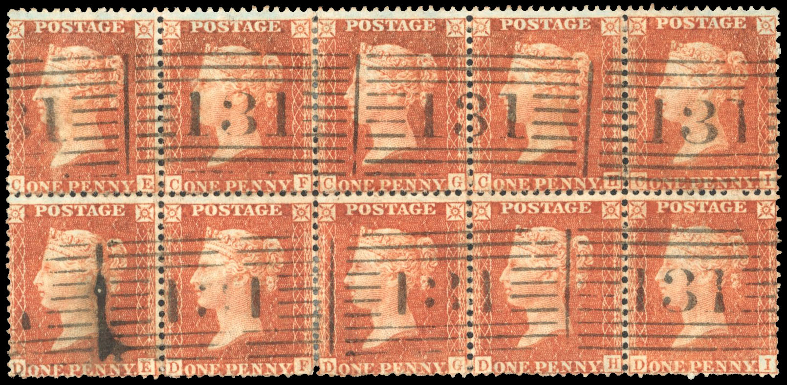 GB 1855 1d orange-brown Plate 35 block used