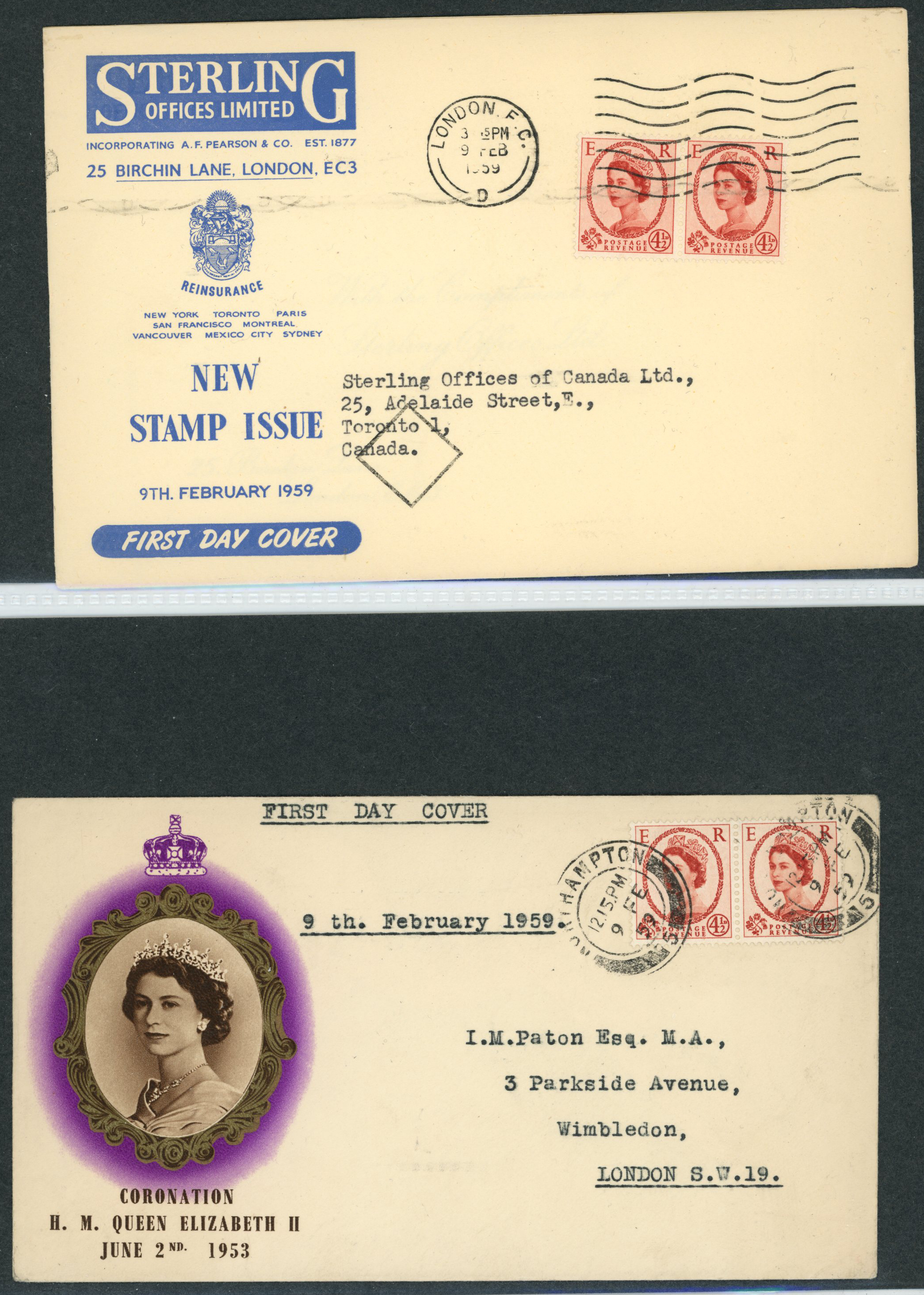 FIRST DAY COVERS: 1959 (9 Feb) 4½d chestnut...