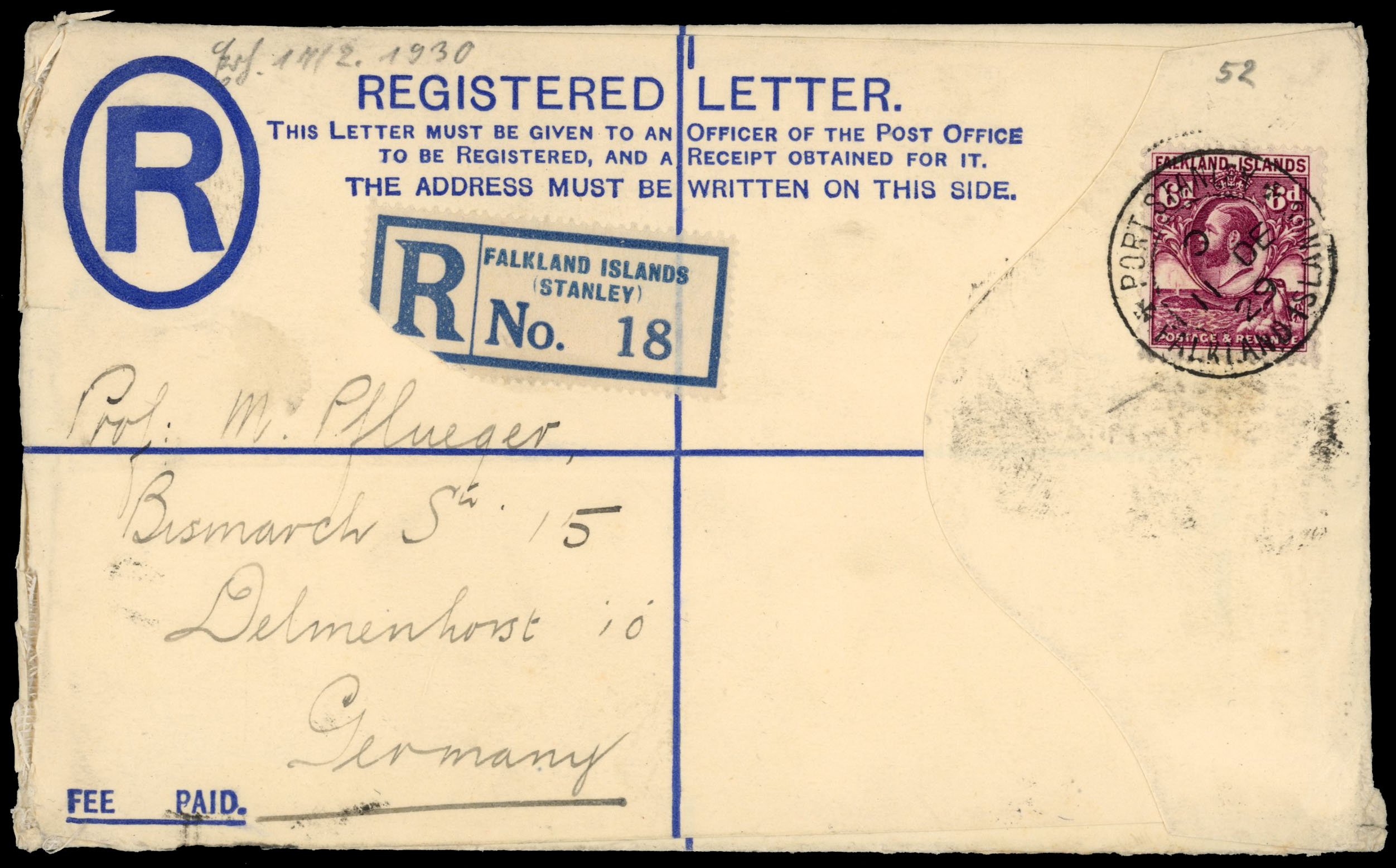 † Falkland Islands 1929 formula registered envelope to Germany