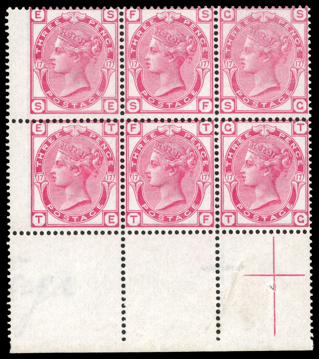 GB 1875 3d Rose Pl. 17, lower left wing marginal block of 6, SG 143