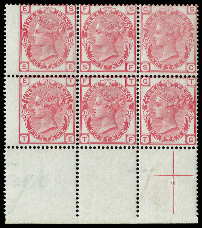 Great Britain 1875 3d Rose Pl.17. Very fine and fresh unmounted o.g. bottom marginal block of six lettered SE-TG. …