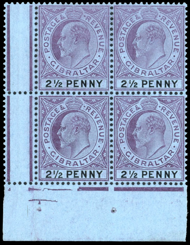 Gibraltar SG 59a 1904 2½d block, R10/1 large '2' mint