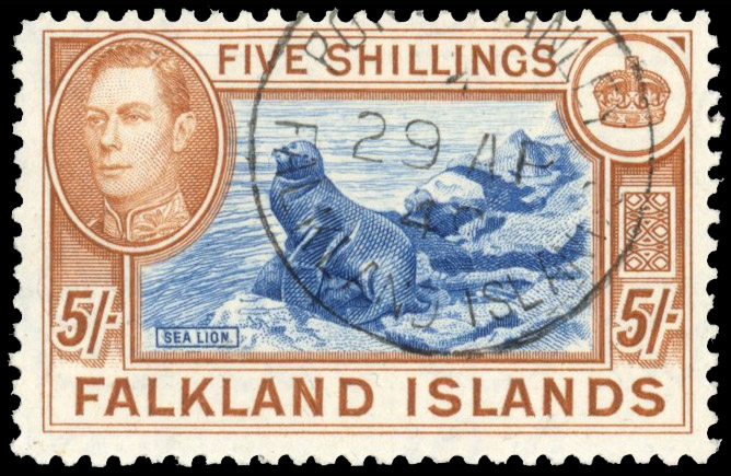 Falkland Islands 1938-50 5s dull blue and yellow-brown on greyish paper (1949 printing), used, SG 161c