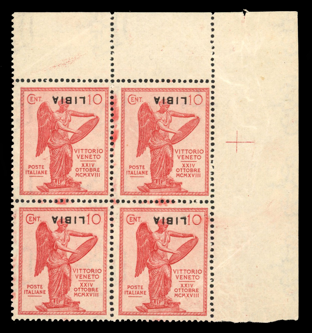 Italian Colonies Libia 1922 Victory 10c inverted overprint block of 4 unmounted o.g.