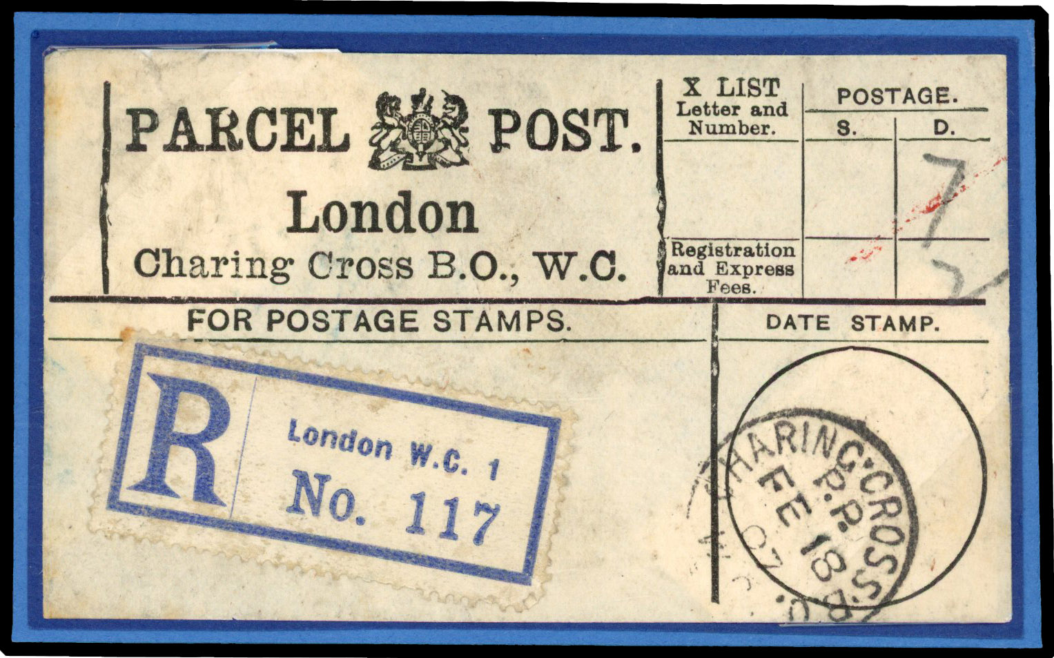 1907 UPU Registration label/Parcel Post. First day
