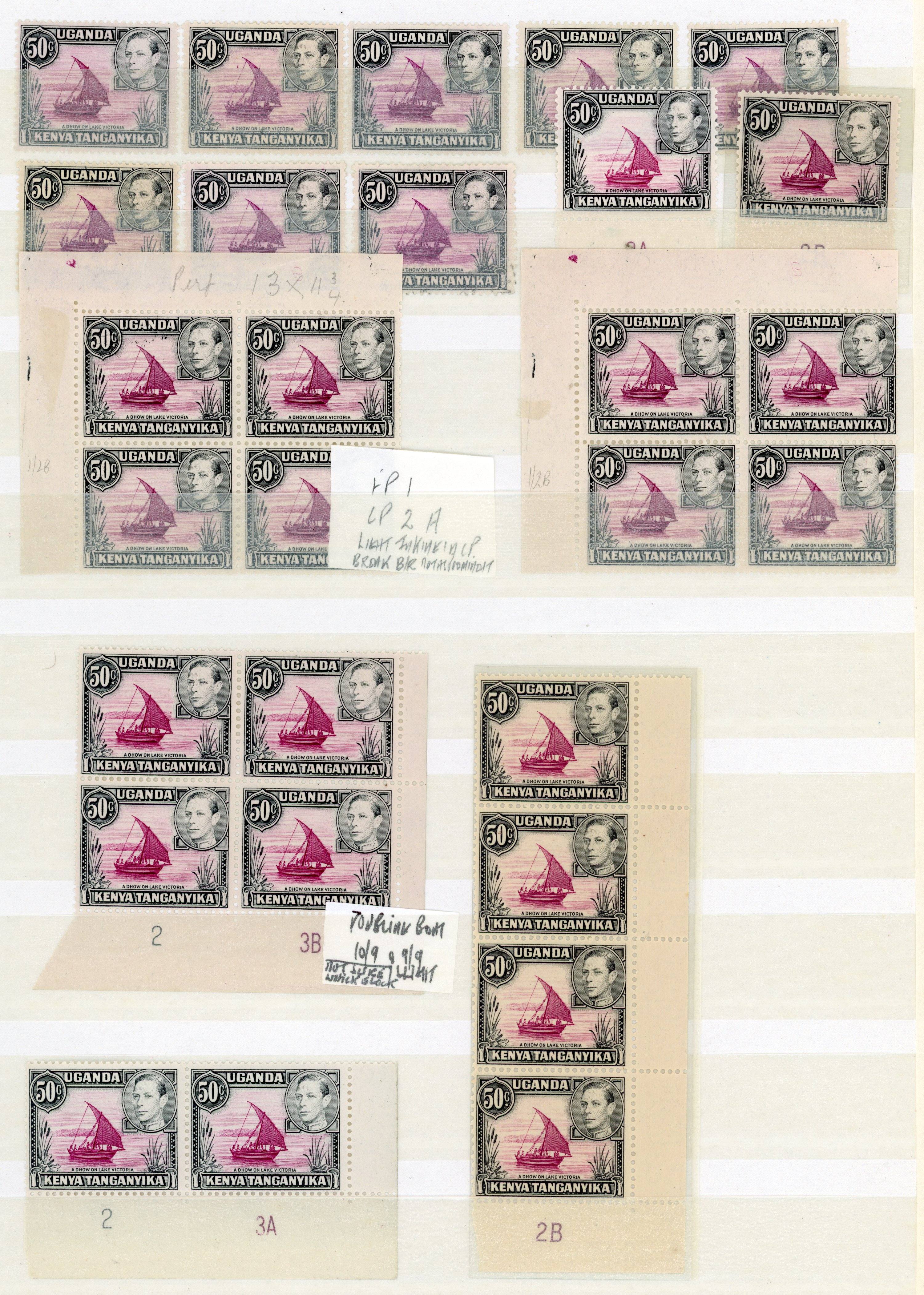 KUT SG 144/ea KG VI 50c singles and blocks mint