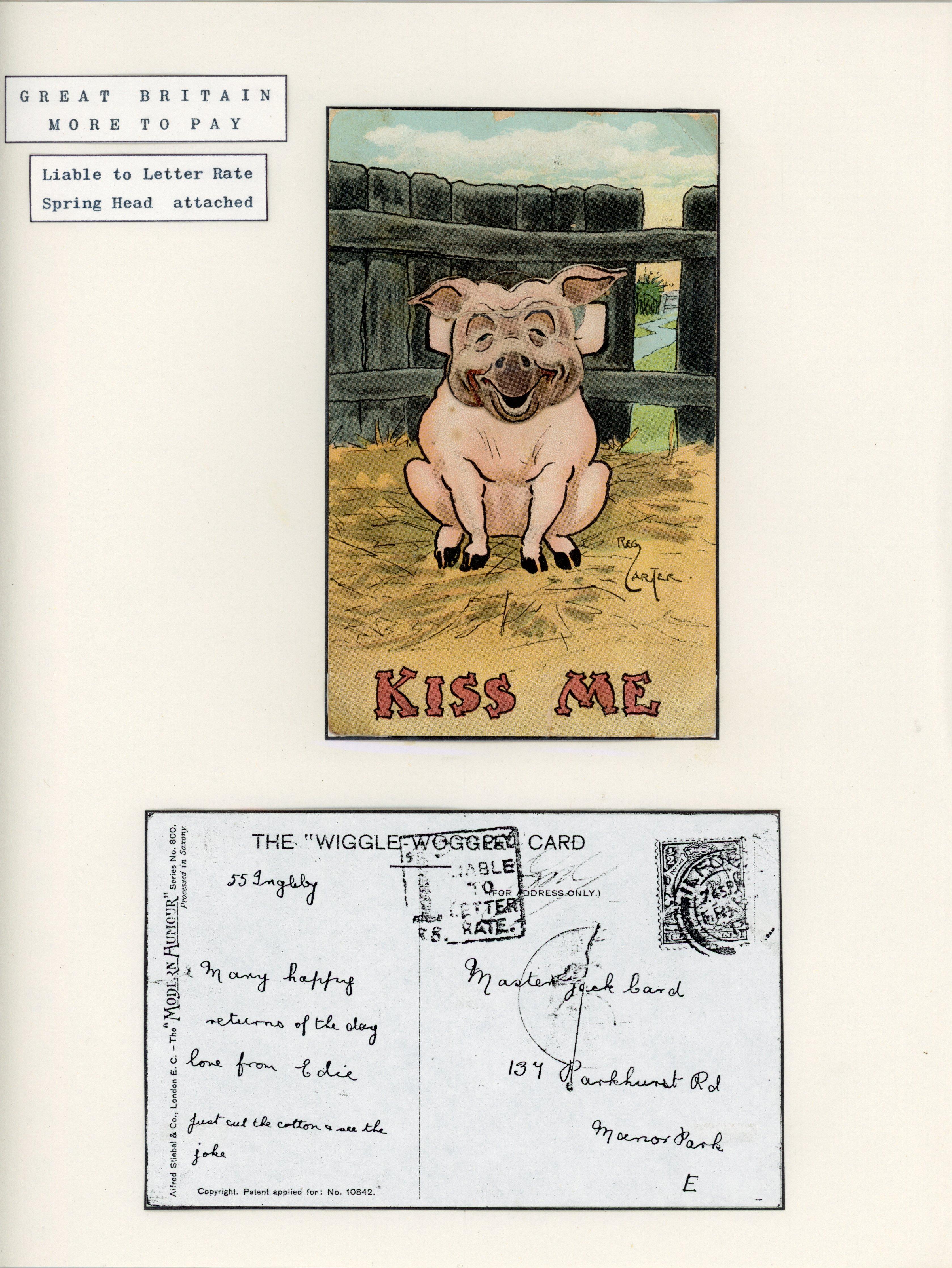 Great Britain 1913 novelty postcard with a pigs head on a spring