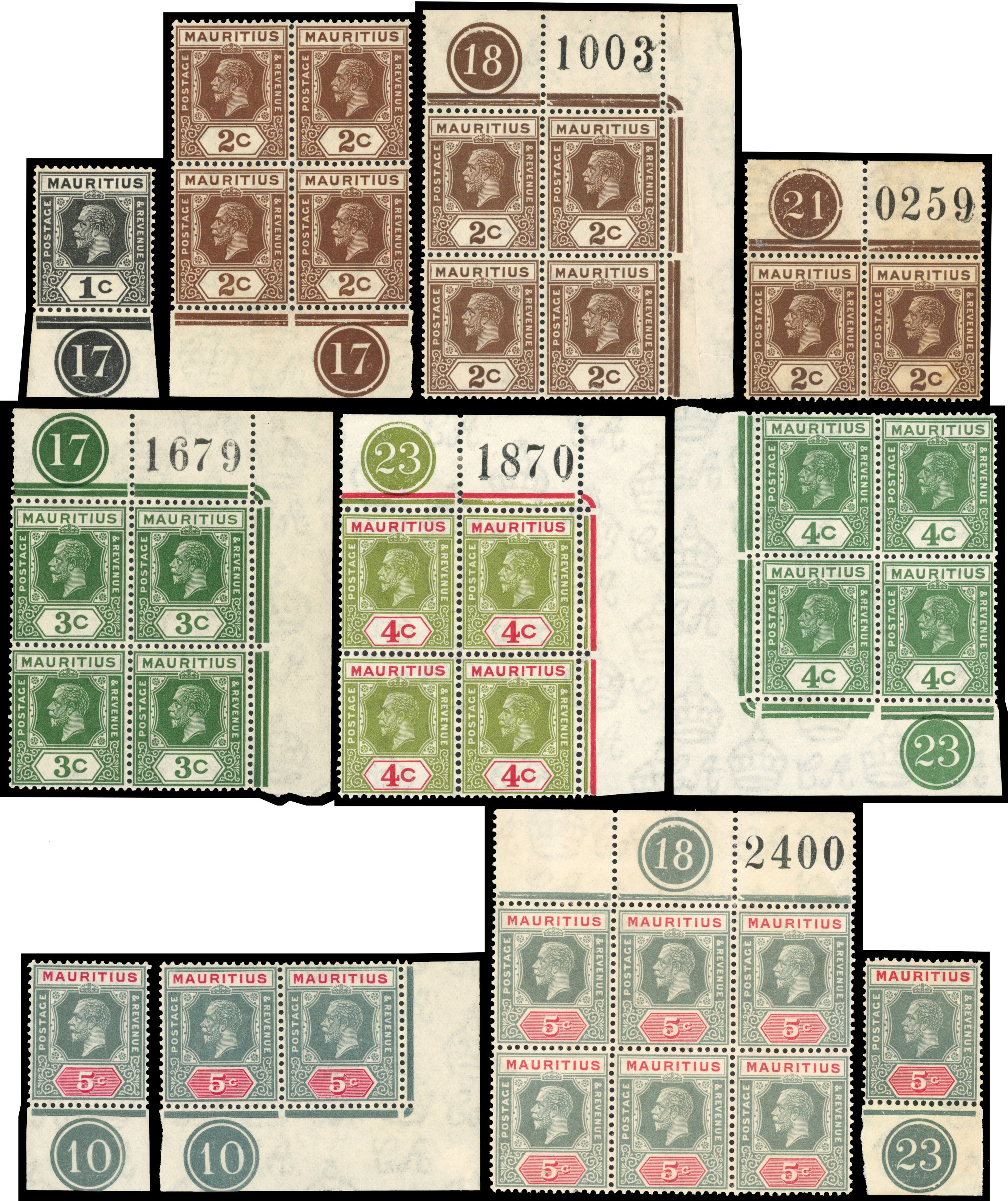 Mauritius 1921-34 set to 10r with plate numbers