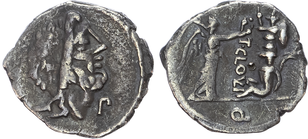 T. Cloulius (98 BC), AR Quinarius, Rome, 1.74g. 