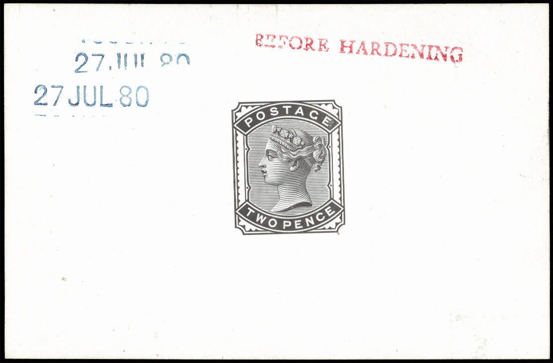 Great Britain 1880 2d Die proof. Superb example in black on white glazed card dated “27 JUL 80“ in blue and endors…