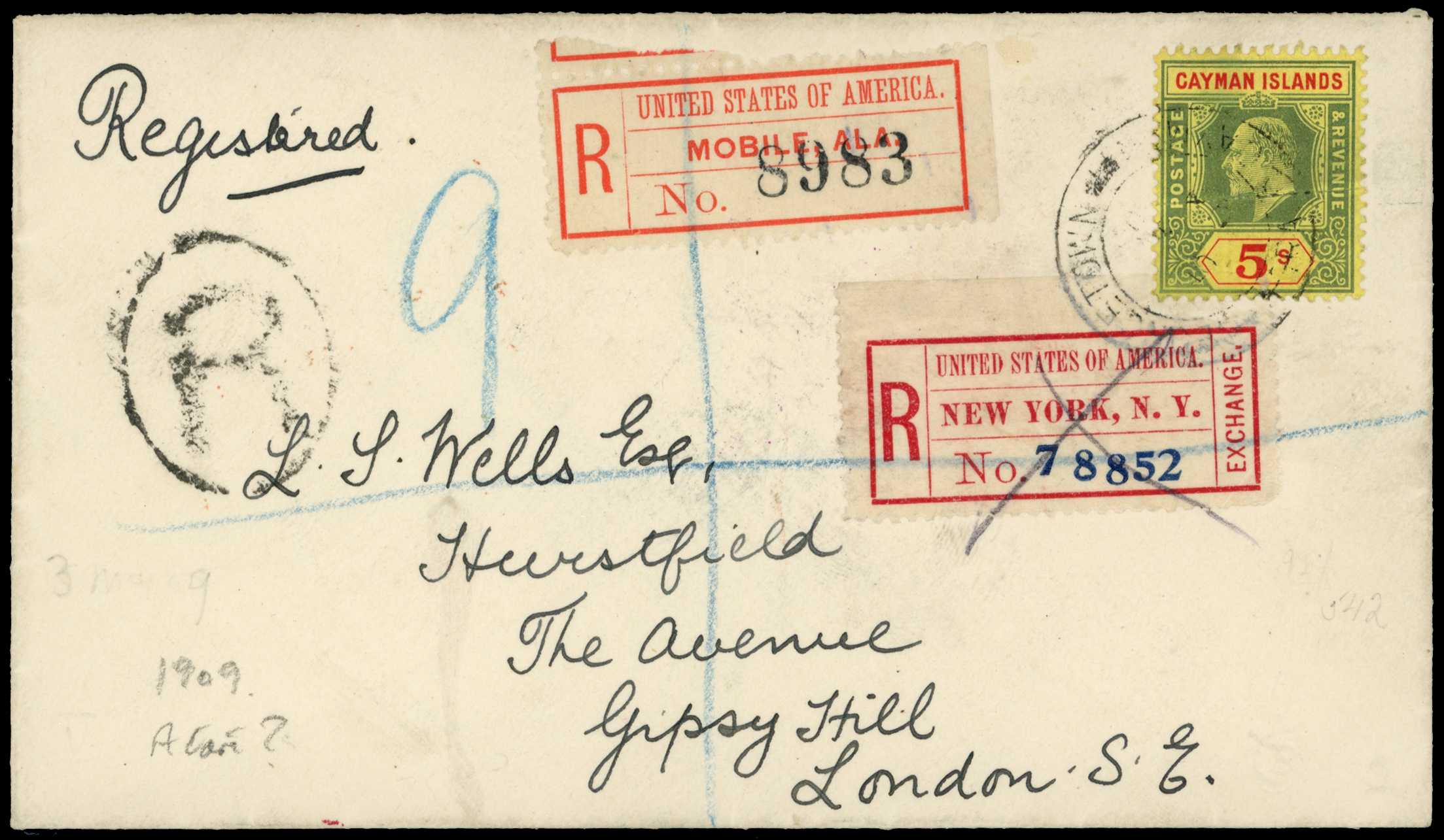 1909 Registered cover to London franked with a...