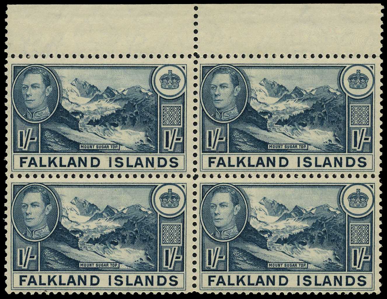 1938 1/- dull greenish blue top marginal block...
