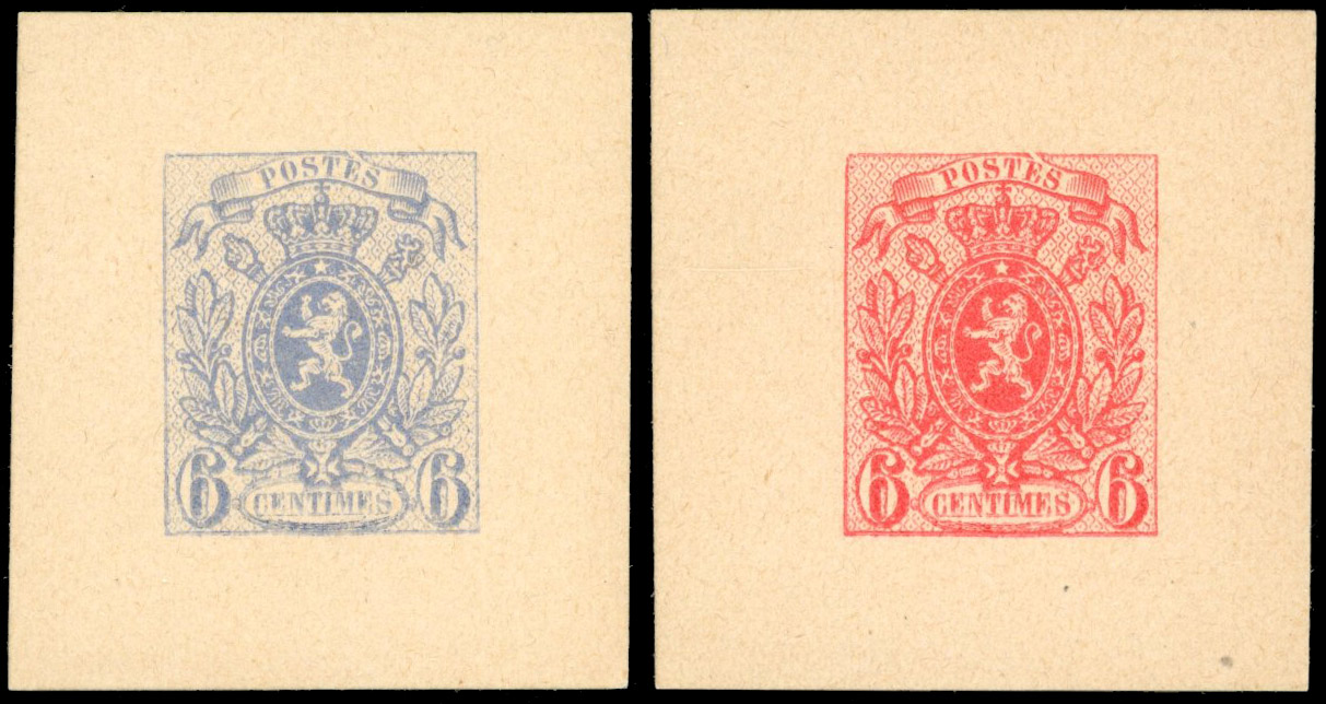 Belgium 1866 two Lion essays by Delpierre in red and blue