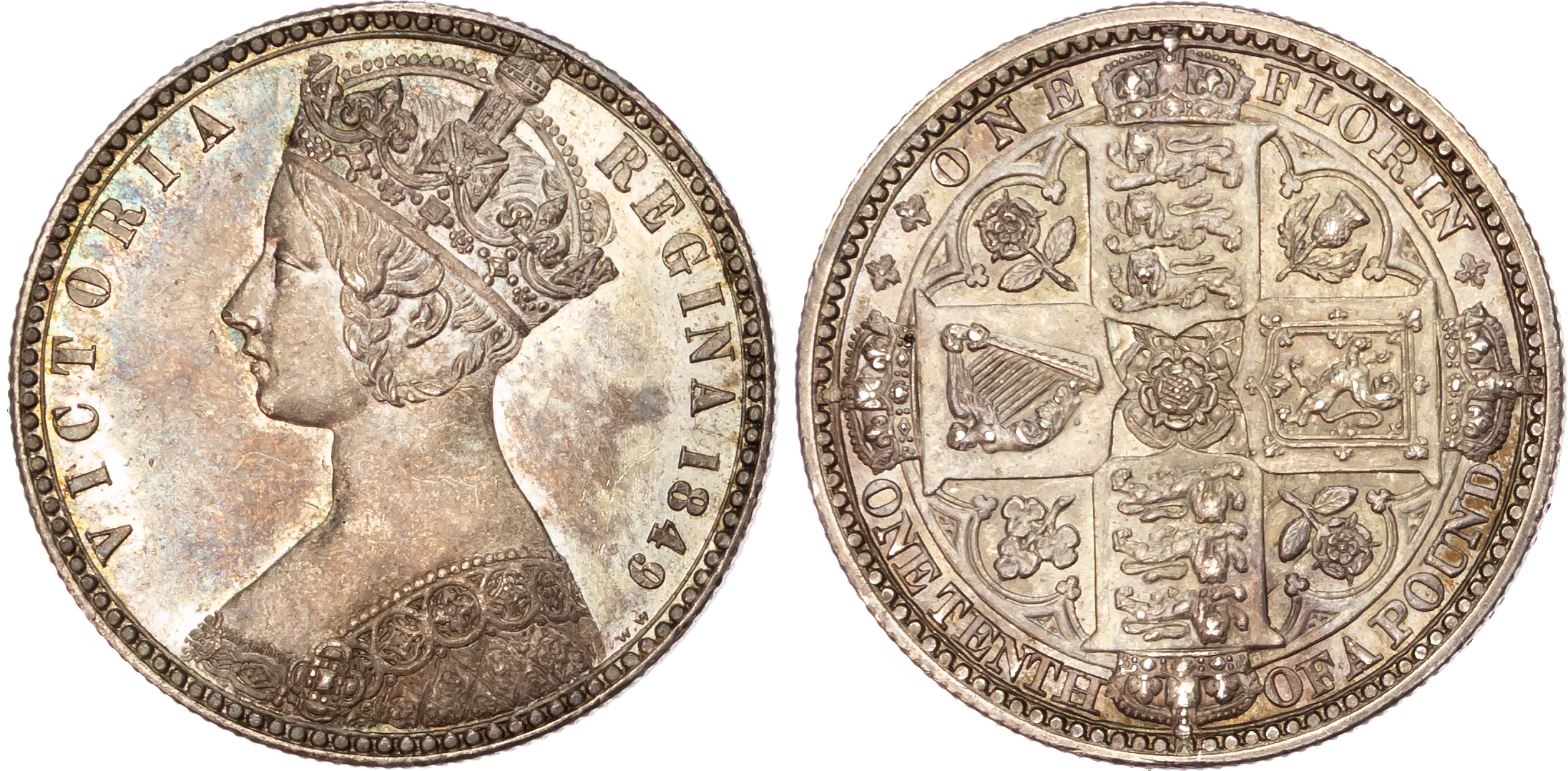 Victoria (1837-1901), 'Godless' Florin, 1849.