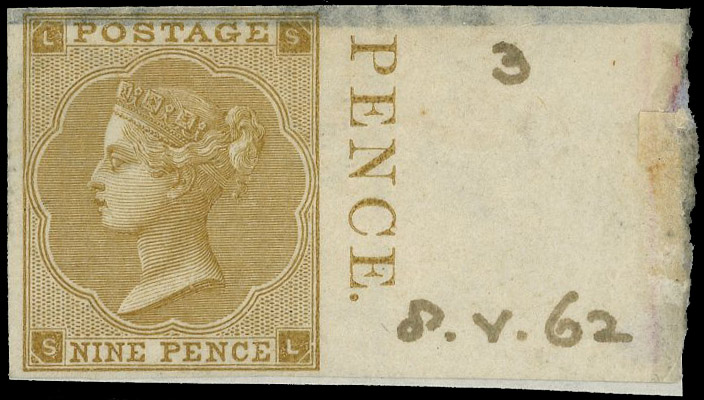 1862 9d Straw Pl.3 (Hair lines). Very fine unused right hand marginal imperforate imprimatur lettered SL with manuscript…