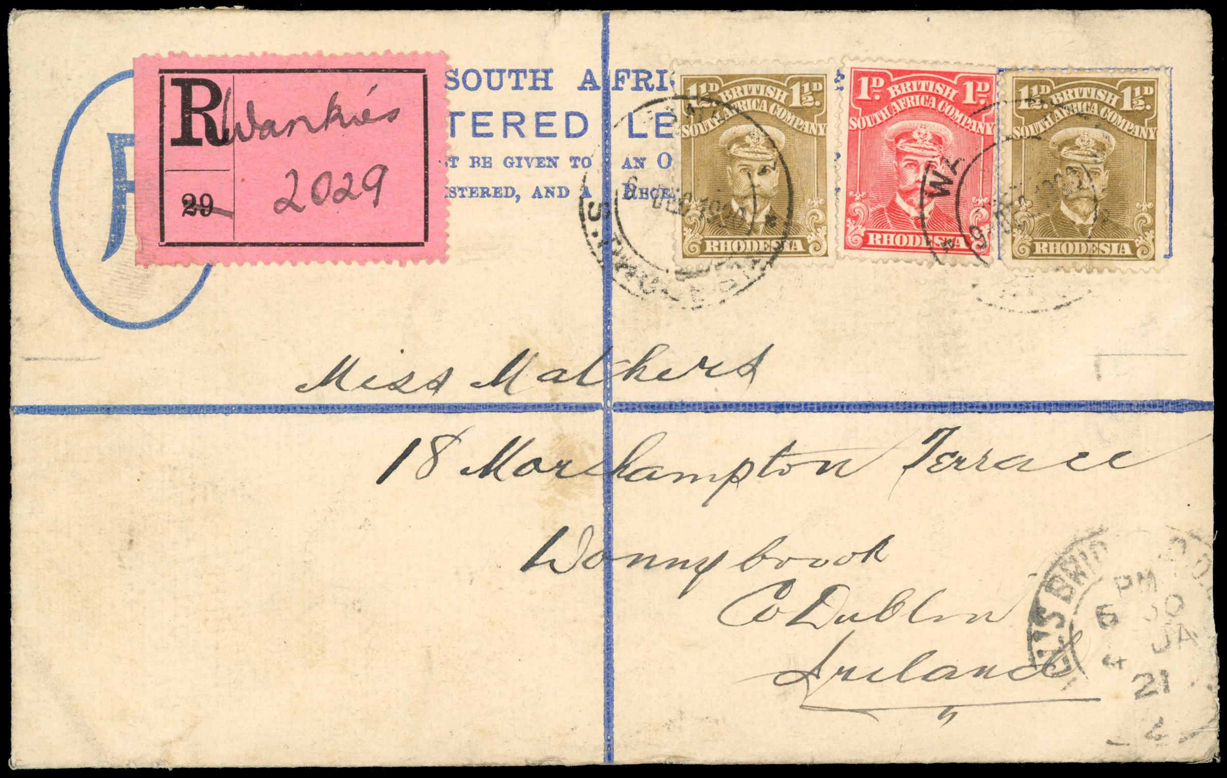 Rhodesia 1920 4d postal stationery envelope to Ireland